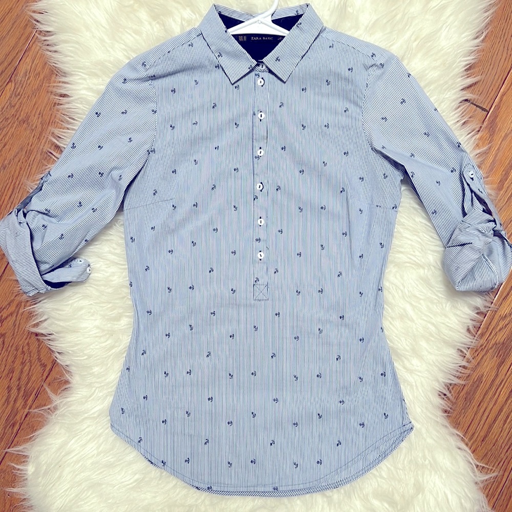Zara Basic Anchor Navy Stripped Button Down XS